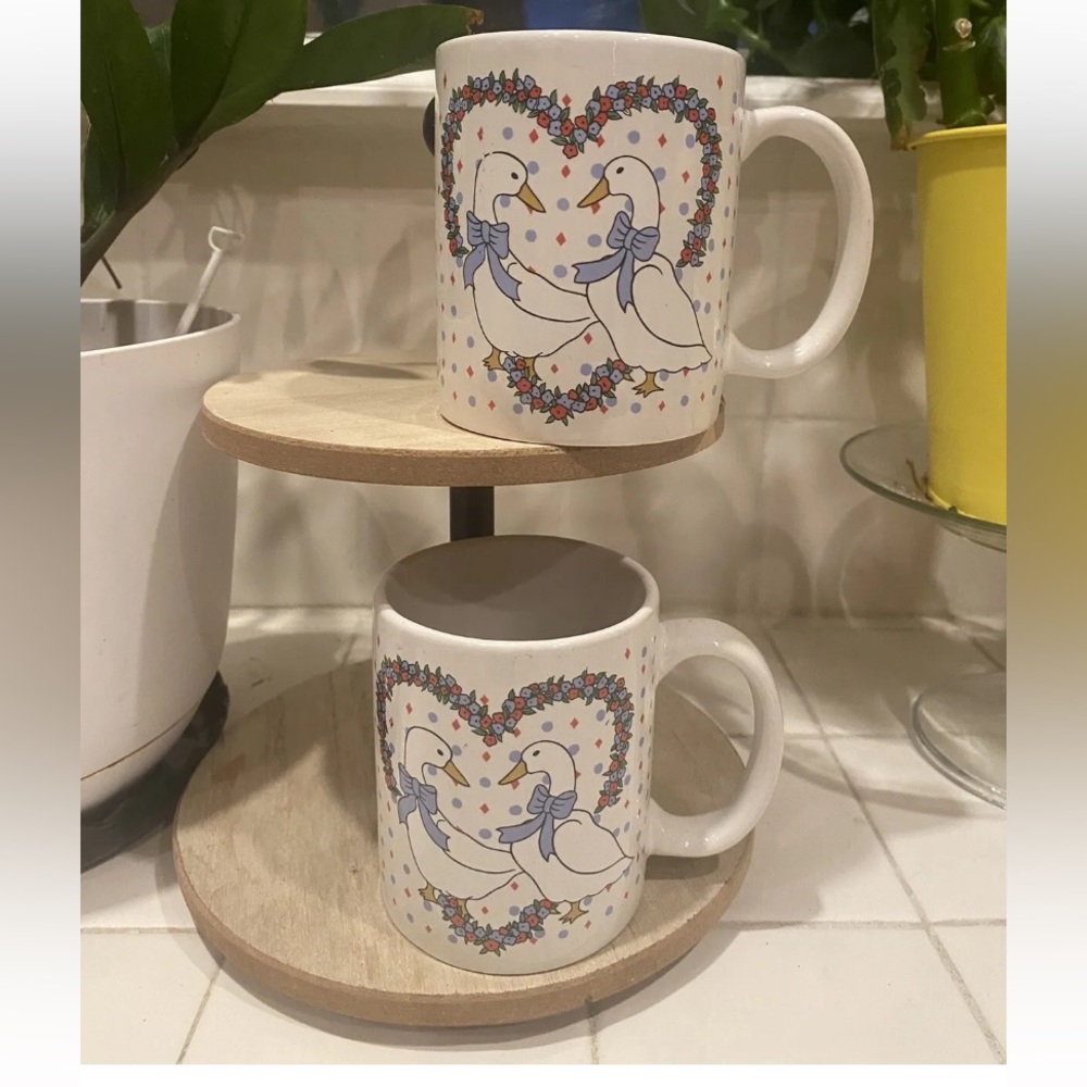 TWO White Geese  in Floral Heart Mug Vintage